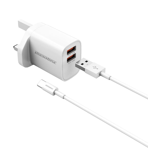 RockRose Wall Charger 2-Port USB-A 18W & Type-C Cable 1M